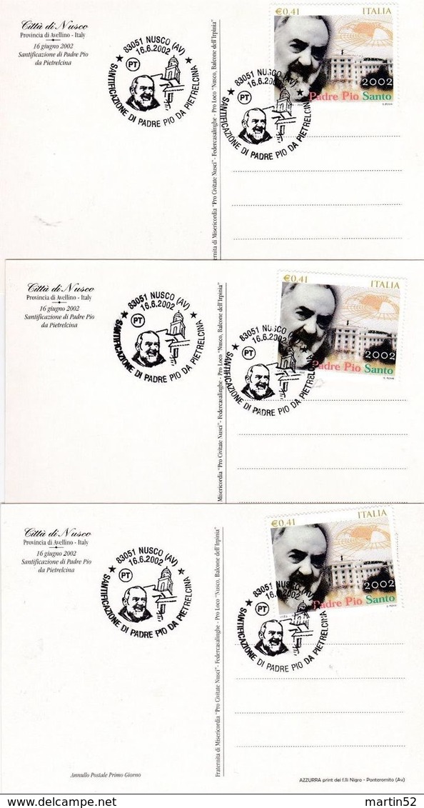 Italia 2002: 5 Cartoline "Pro Civitate Nusci" Con Fb Di 0.41 "Padre Pio Santo" (Sassone 2631) Con O NUSCO (AV) 16.6.2002 - Teologi