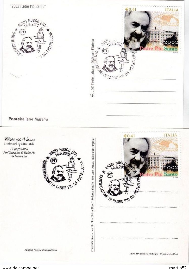 Italia 2002: 5 Cartoline "Pro Civitate Nusci" Con Fb Di 0.41 "Padre Pio Santo" (Sassone 2631) Con O NUSCO (AV) 16.6.2002 - Theologians