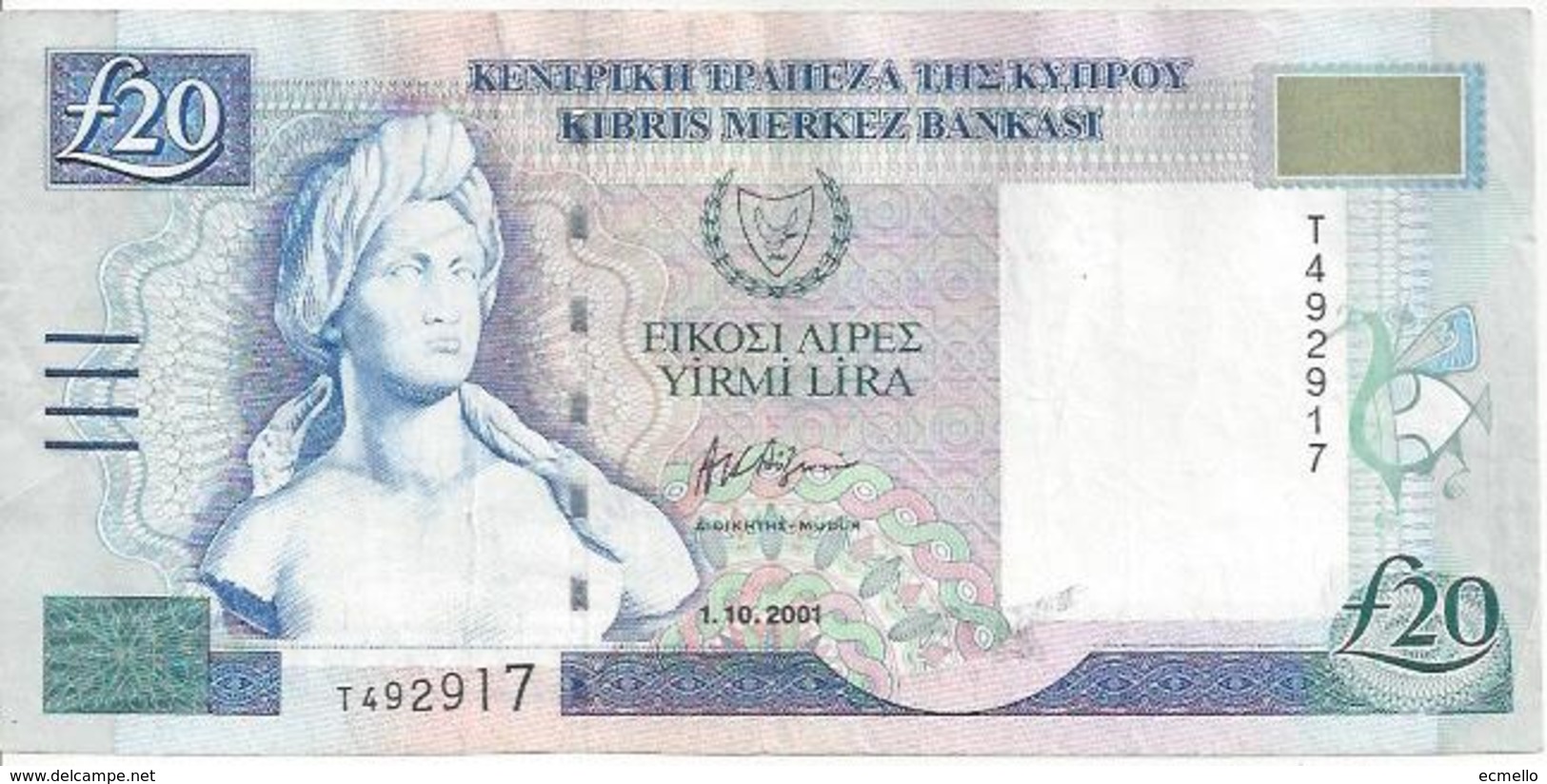 CYPRUS P63b 20 POUNDS 2001 VF - Chipre