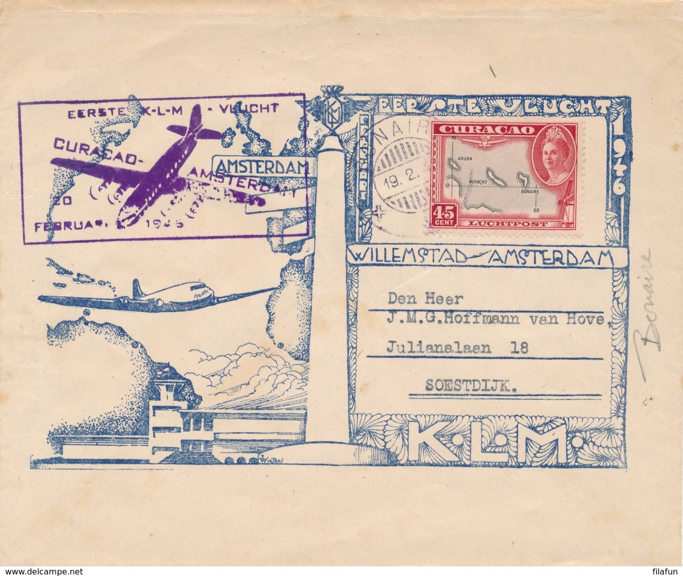 Curacao - 1946 - 45 Cent Luchtpost 1e Vlucht Van KB BONAIRE Naar Soestdijk / Nederland - Niederländische Antillen, Curaçao, Aruba