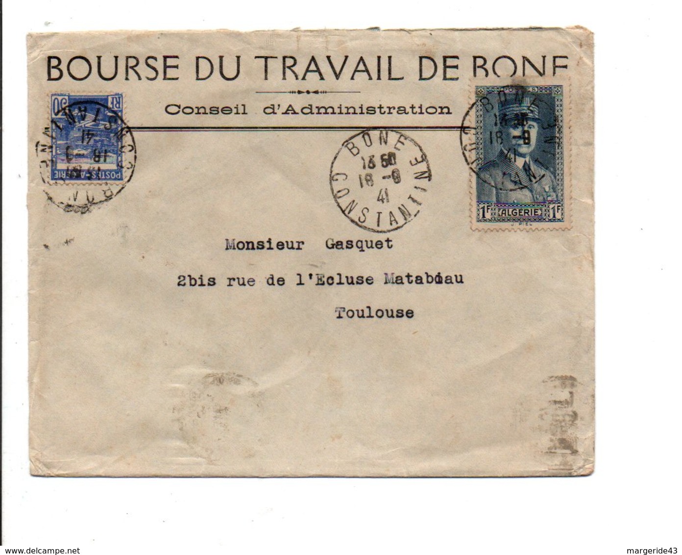 ALGERIE AFFRANCHISSEMENT COMPOSE LETTRE A EN TETE DE BONE 1941 - Lettres & Documents