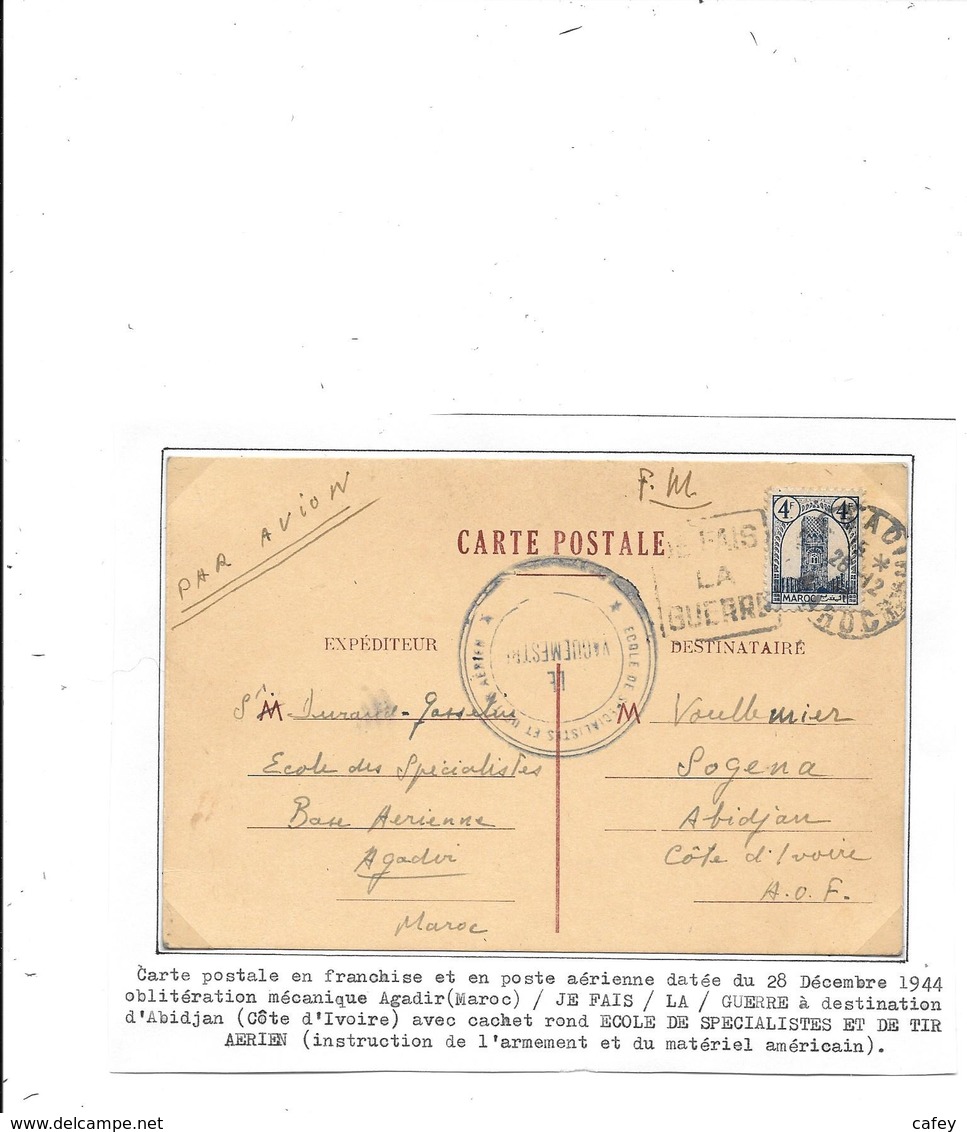 Carte FM MAROC PAR AVION DEC. 1944  Cachet  MILITAIRE AGADIR Pour Abidjan - WW II