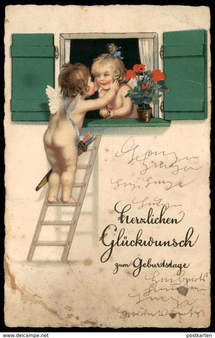 ALTE POSTKARTE ENGEL ANGEL ANGE AMOR AMOURS PFEIL UND BOGEN LIEBESPFEIL KUSS Kiss Baiser Nude Fensterln Postcard Cpa AK - Angels