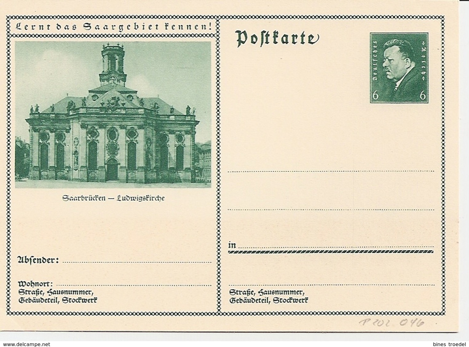 DR P 202-46 ** - 6 Pf Hindenburg BiPo : Saarbrücken - Ludwigskirche - Altri & Non Classificati