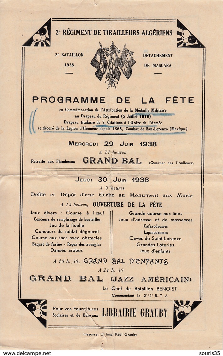 1938 MASCARA 2è Régiment De Tirailleurs Algériens Programme Fête Médaille Militaire Au Drapeau - Documenti