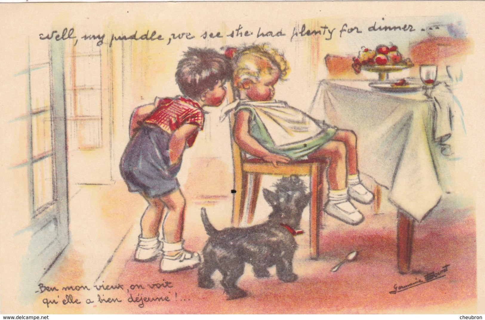 CARTE FANTAISIE  GERMAINE BOURET. ENFANTS ET CHIEN " Ben Mon Vieux Ont Voit Qu'elle A Bien Déjeuné !.". - Bouret, Germaine