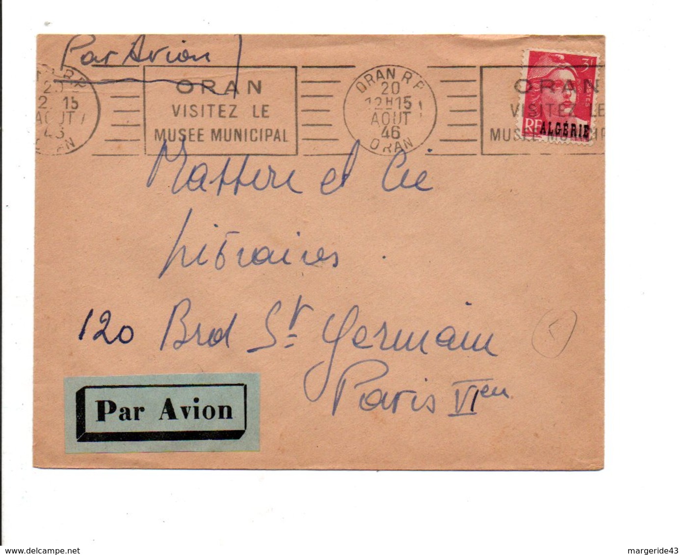 ALGERIE LETTRE AVION DE ORAN POUR LA FRANCE 1946 - Lettres & Documents
