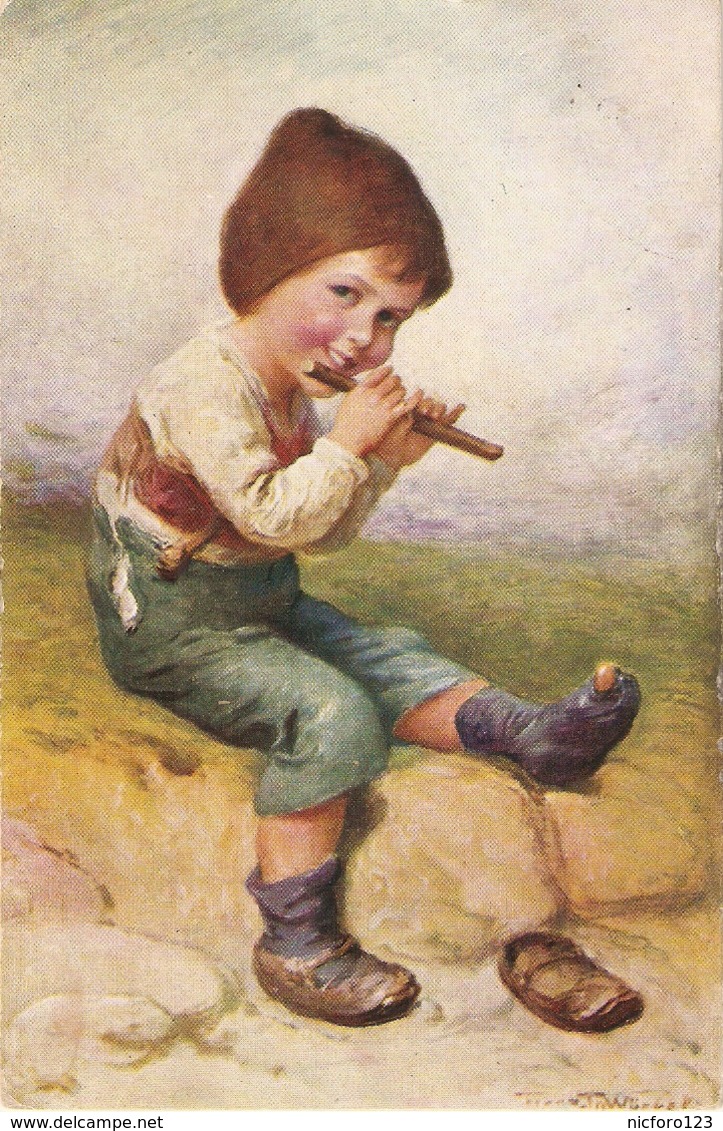 "Little Boy Playing Flute" Fine Painting, Nice Vintage German Postcard - Otros & Sin Clasificación