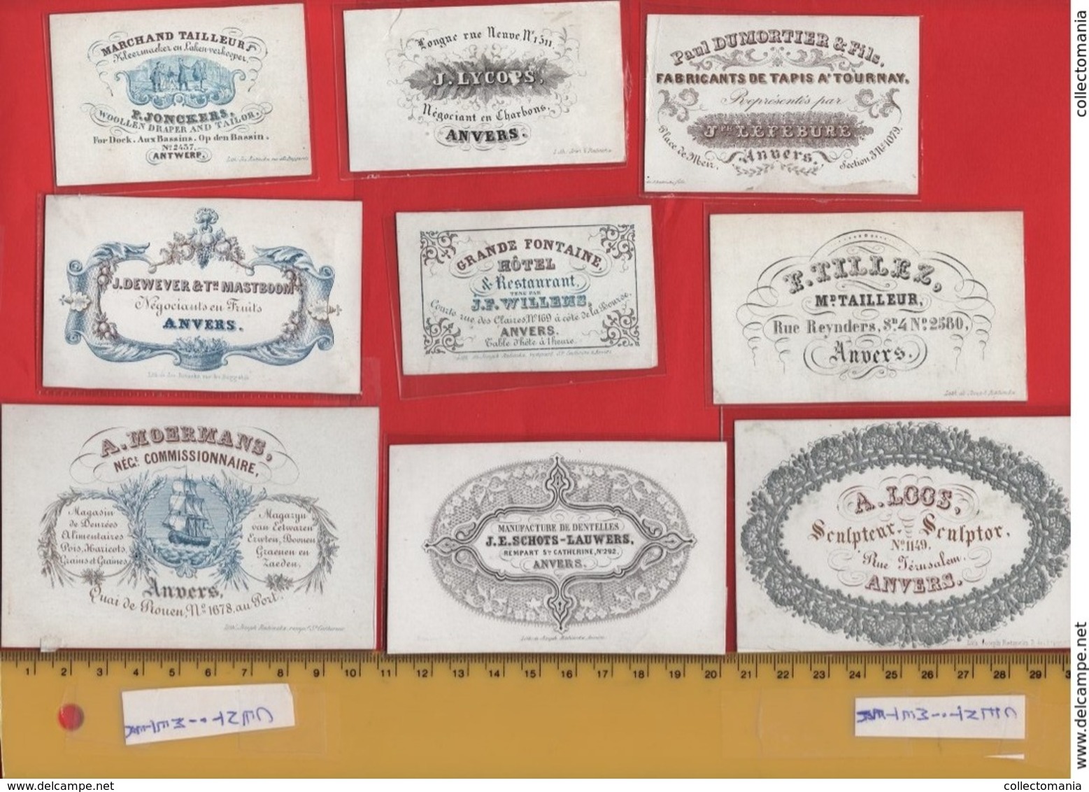 Lot85A : 9 ViSiT Cards, Printer RATiNCKX In ANVERS Antwerpen Porseleinkaarten Circa 1840 à1860 Hand Press Litho - Porcelana