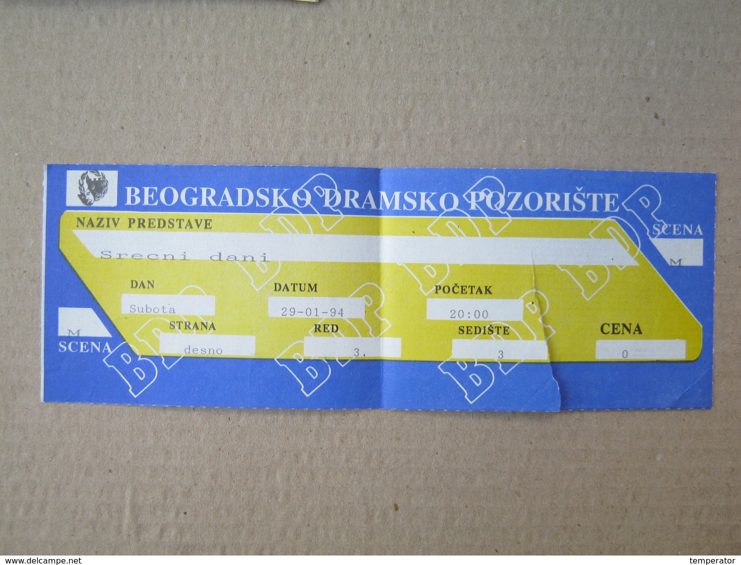 Show Ticket- Happy Days, 1994. / Beogradsko Dramsko Pozorište - Tickets - Vouchers