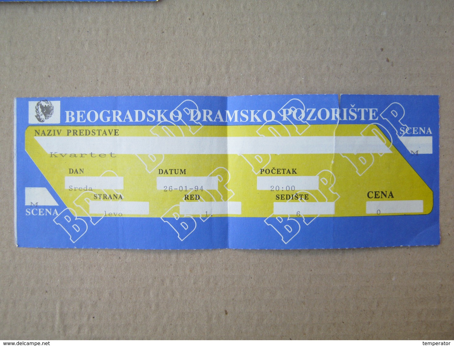 Show Ticket- Quartet, 1994. / Beogradsko Dramsko Pozorište - Tickets - Vouchers