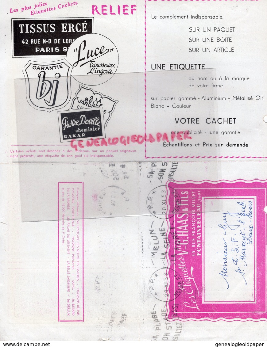 77 - FONTAINEBLEAU - RARE PUBLICITE 1953-VVE G. HAAS & FILS- ETIQUETTES PANCARTES -PAPIER GOMME- 15 RUE FRANCOIS MILLET - Reclame