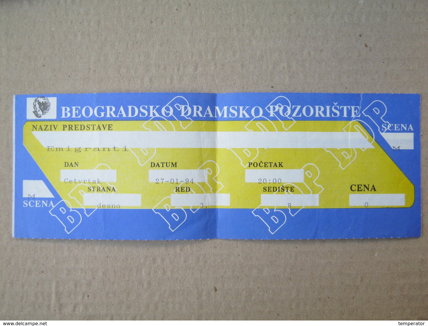 Show Ticket- Emigrants, 1994. / Beogradsko Dramsko Pozorište - Tickets - Entradas