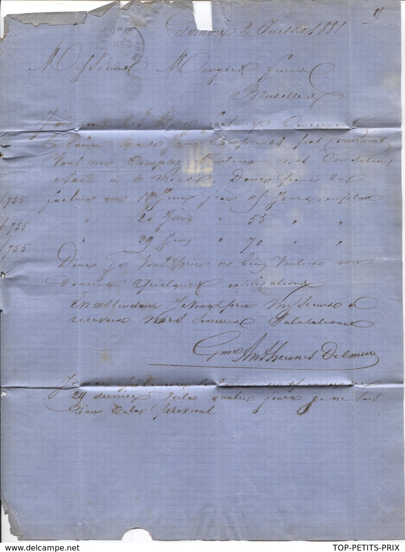 REF51/ TP 30 S/LAC  Entête G.Antheunis - Belmeire Négociant C.Gand (Station) 2 Juil.1881 > BXL C.d'arrivée - 1869-1883 Léopold II