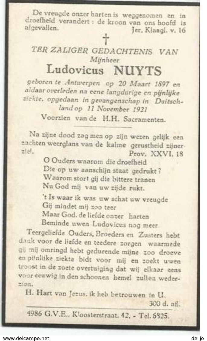 NUYTS Ludovicus °1897 Antwerpen + 1921 Oorlogslachtoffer WW1 Kamp Duitsland Doodsprentje Image Mortuaire Funeral Card - Godsdienst & Esoterisme