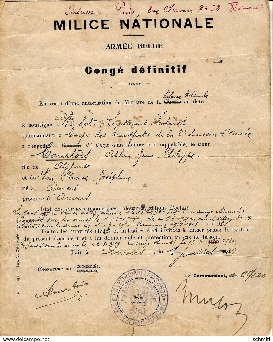 -Document  Milice Nationale ,armée Belge ,Congé Définitif-Monsieur  A. Courtois Né à Anvers Et Après La Guerre 14/18.Le - 1914-18