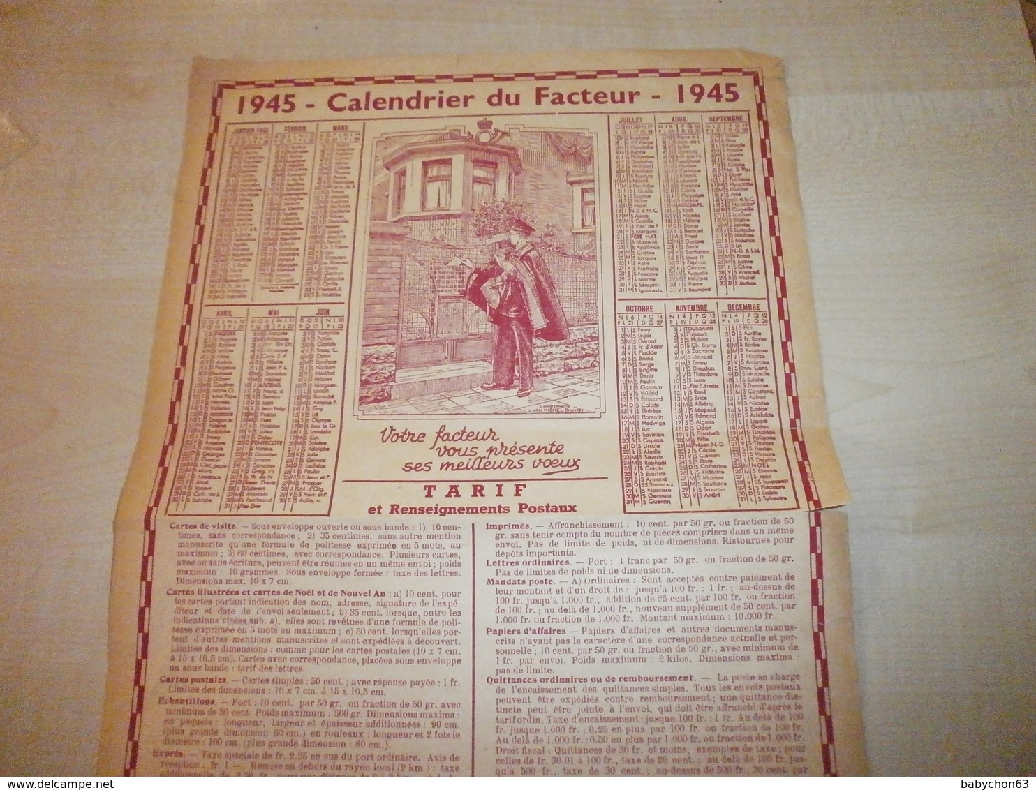 Ancien Calendrier Du Facteur 1945 - Grossformat : 1941-60