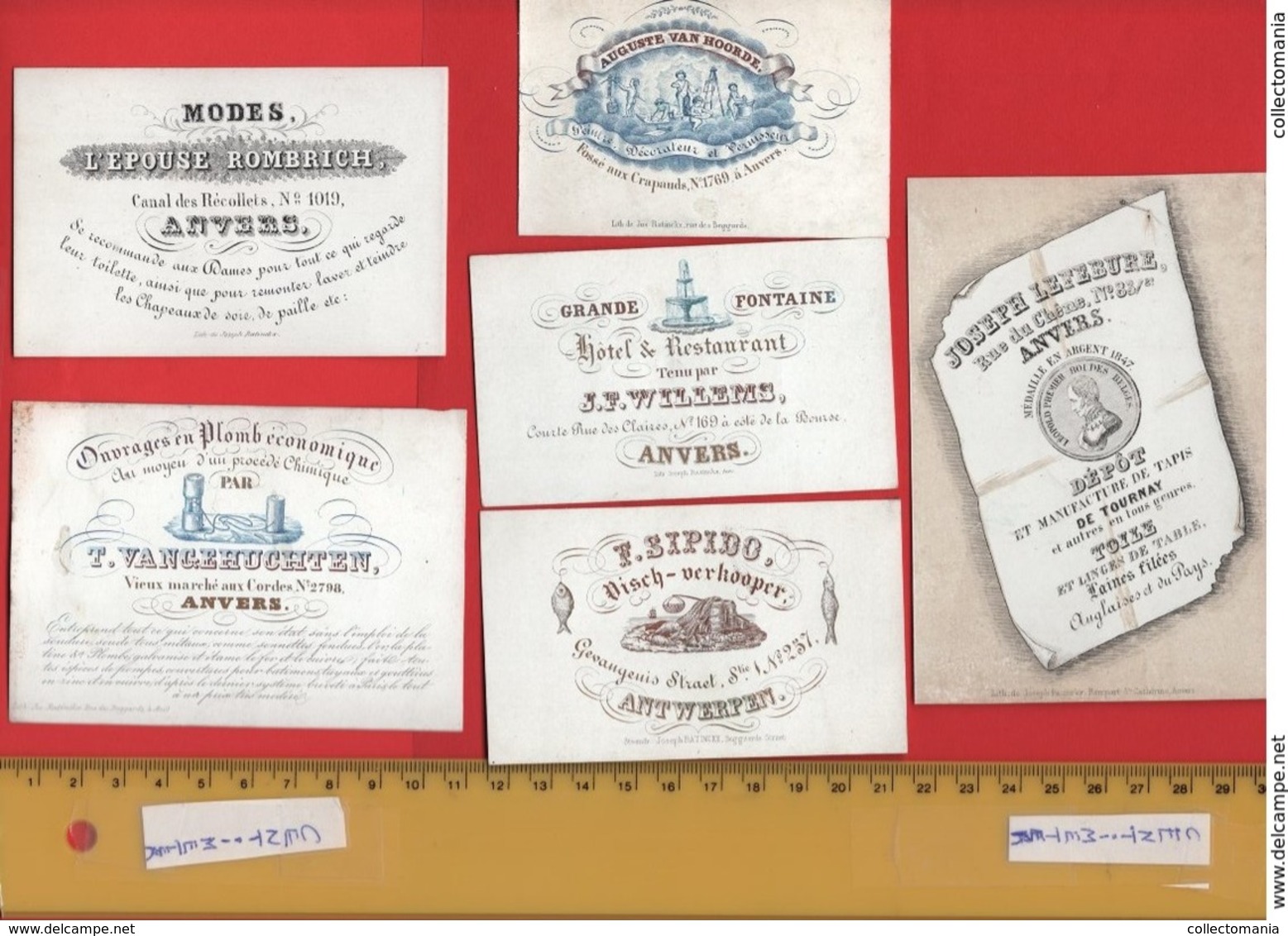 Lot85C: 6 ViSiT Cards, Printer: All  RATiNCKX In ANVERS Antwerpen Porseleinkaarten Circa 1840 à1860 Hand Press Litho - Porcelaine