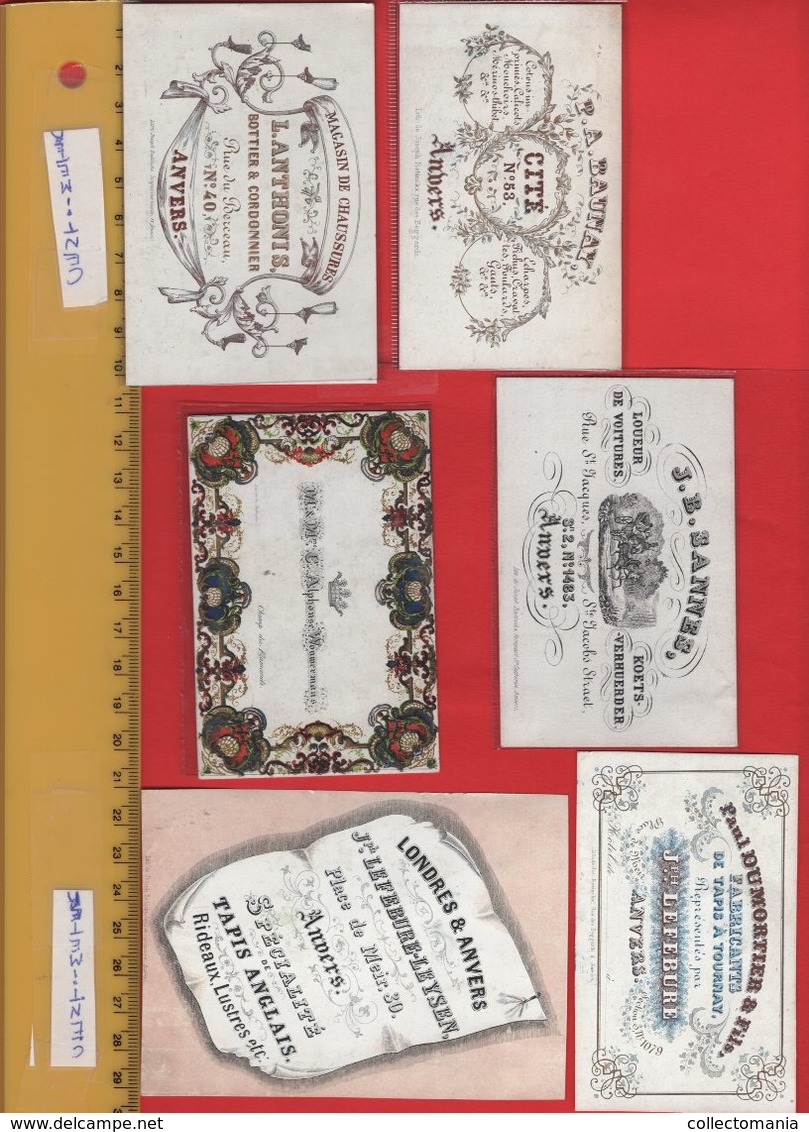 lot85D: 6 ViSiT cards, printer: all  RATiNCKX in ANVERS Antwerpen porselein kaarten circa 1840 à1860 hand press litho