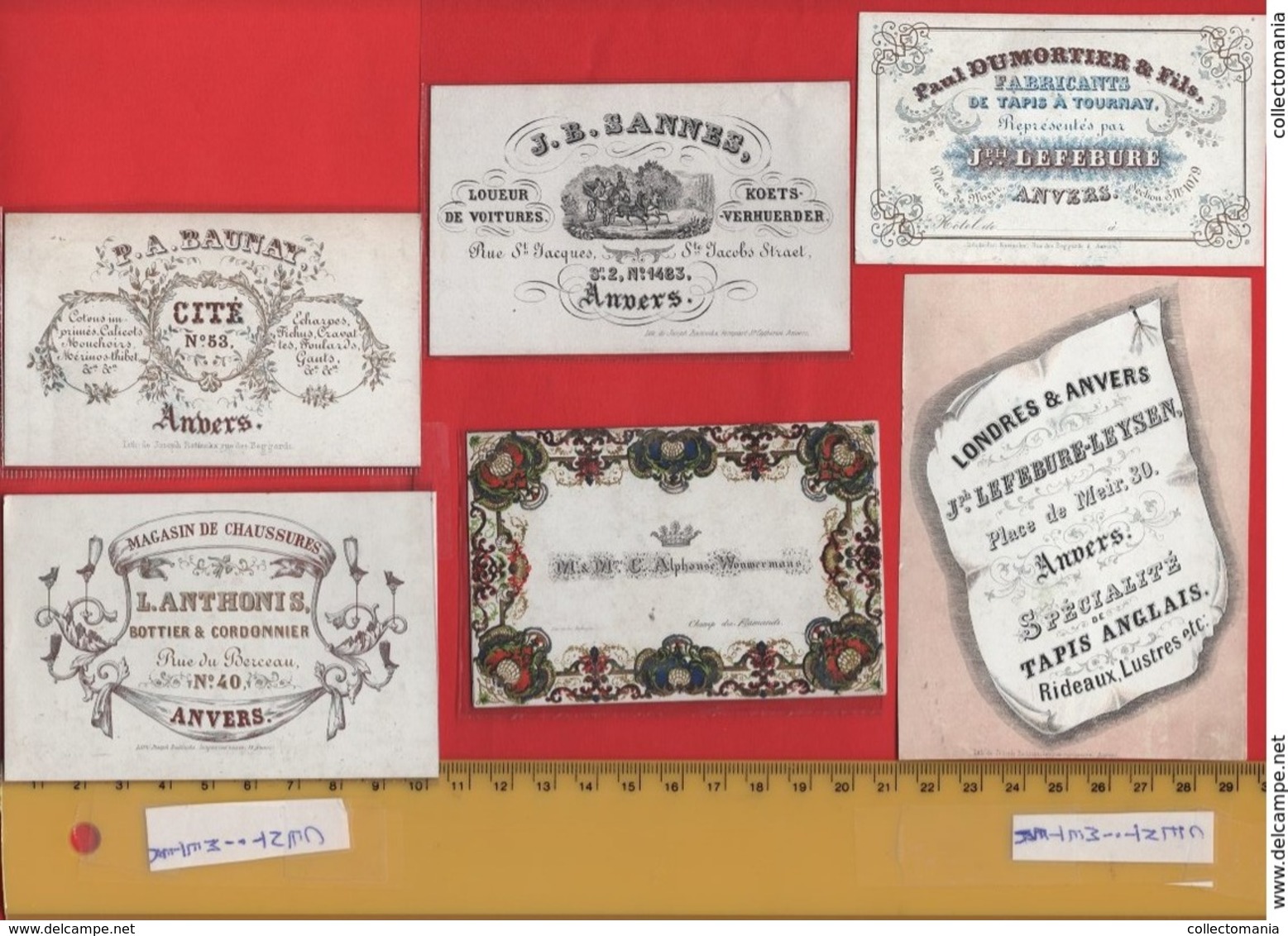 lot85D: 6 ViSiT cards, printer: all  RATiNCKX in ANVERS Antwerpen porselein kaarten circa 1840 à1860 hand press litho