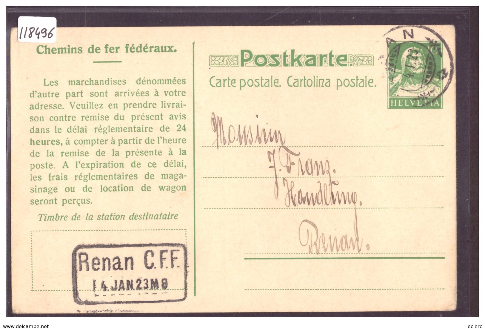 SBB - CFF - CHEMIN DE FER FEDERAUX - ENTIER POSTAL - GANZSACHE - TB - Altri & Non Classificati