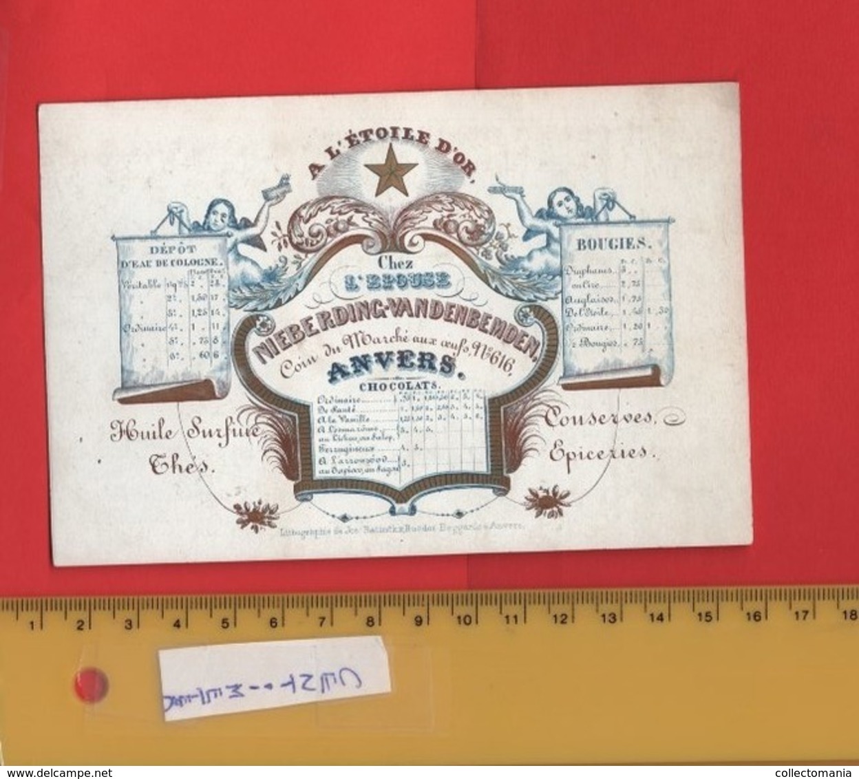 Lot85H :chocolats NIEBERDING Kaarsen, Printer RATiNCKX In ANVERS Antwerpen Porseleinkaart Circa1850 Hand Press Litho - Cartes Porcelaine