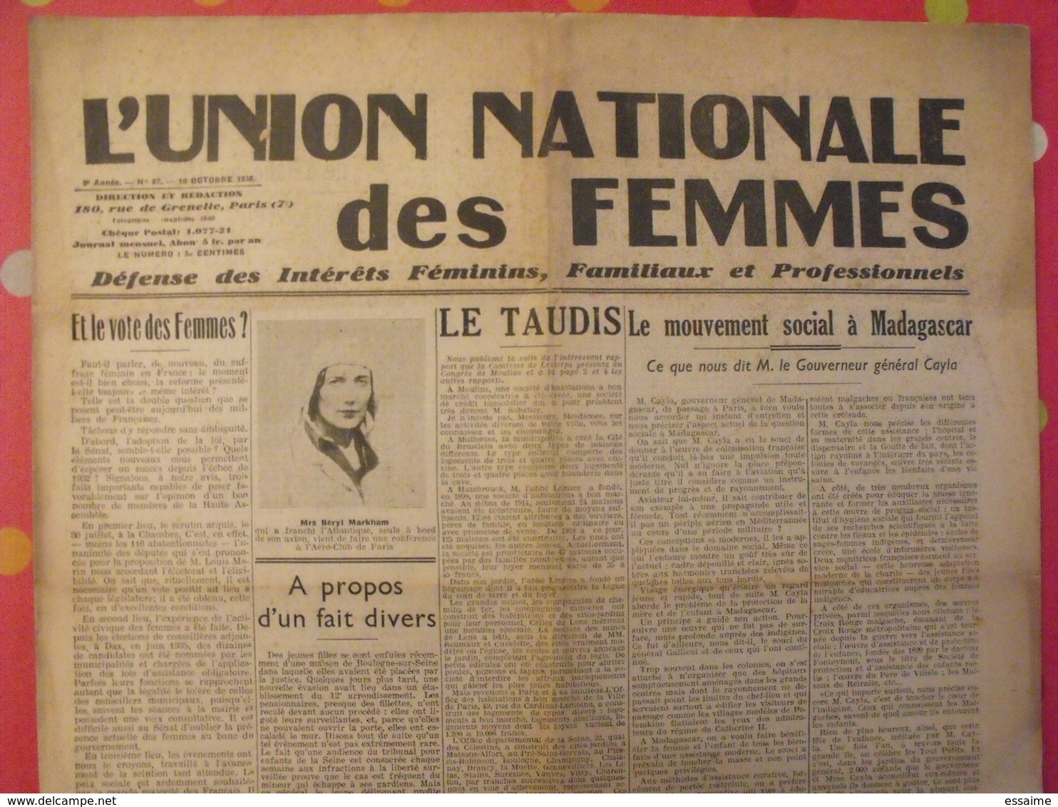 Journal L'Union Nationales Des Femmes. N° 97 Du 10 Octobre 1936. Vote Des Femmes, Mouvement Social à Madagascar - Sonstige & Ohne Zuordnung