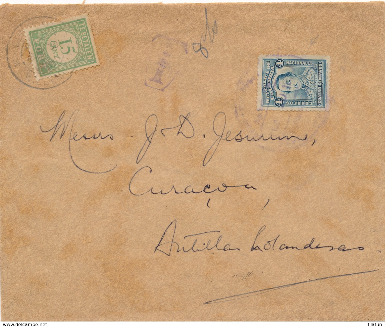 Curacao - 1930 - 15 Cent Port P25 Enkelfrankering Op Taxed Incoming Cover From Colombia - Curaçao, Antilles Neérlandaises, Aruba