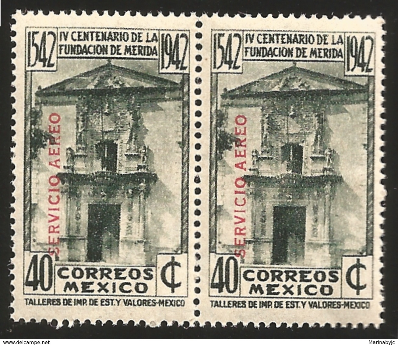 J) 1942 MEXICO, PAIR, 400TH ANNIVERSARY OF MERIDA, CASA DE MONTEJO, SCOTT C118, 40 CENTS, MNH - Messico