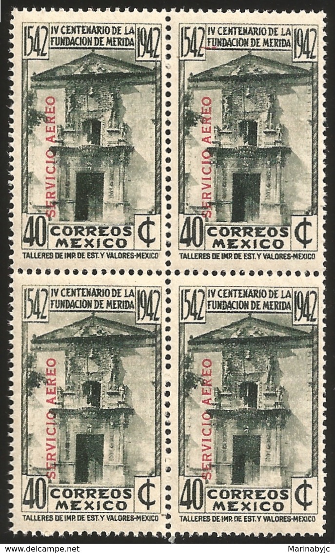 J) 1942 MEXICO, BLOCK OF 4, 400TH ANNIVERSARY OF MERIDA, CASA DE MONTEJO, SCOTT C118, 40 CENTS, MNH - Messico