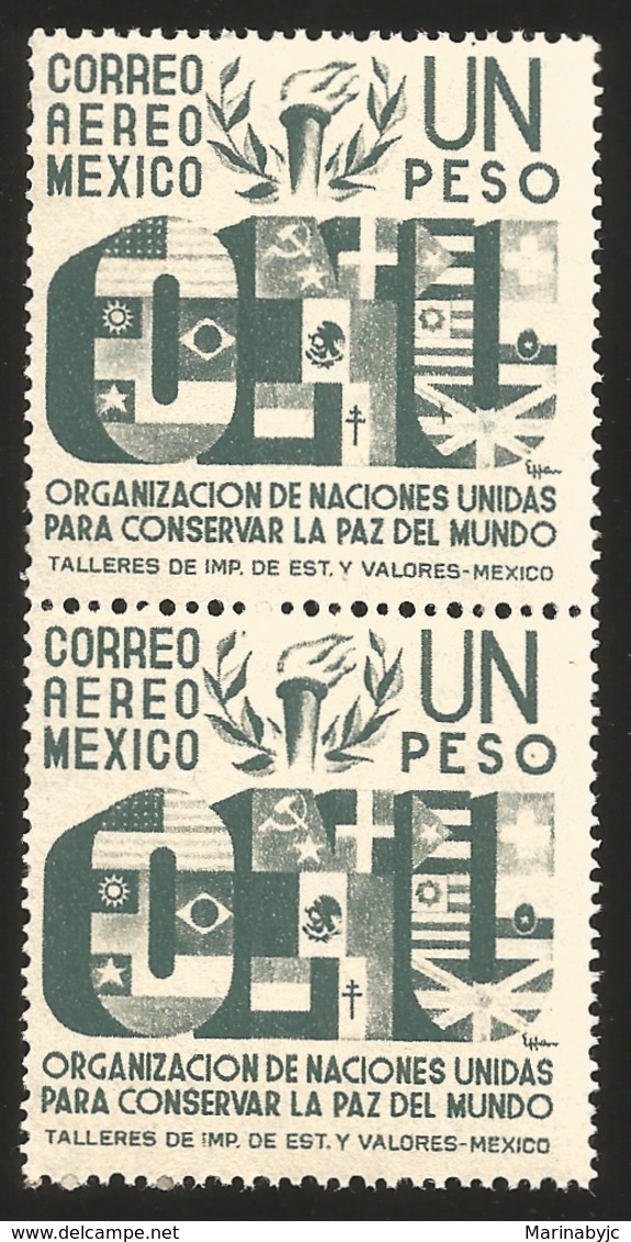 J) 1946 MEXICO, PAIR, TORCH, LAUREL AND FLAG-DECORATED ONU, SCOTT C159, 1 PESO, MNH - Messico