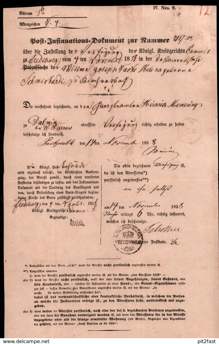Post - Insinuations - Dokument 1858 , Pritzwalk , Friedeburg , Extrem Rar !!!!!! - Gebührenstempel, Impoststempel