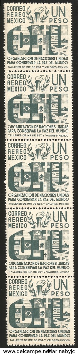 J) 1946 MEXICO, STRIP OF 5, TORCH, LAUREL AND FLAG-DECORATED ONU, SCOTT C159, 1 PESO, MNH - Messico