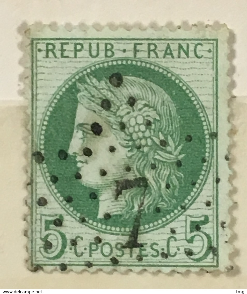 Timbre France YT 53 (°) 1871-75 France CERES III République 5 C Vert Jaune, étoile 7 (côte 10 Euros) – 404p - 1871-1875 Ceres