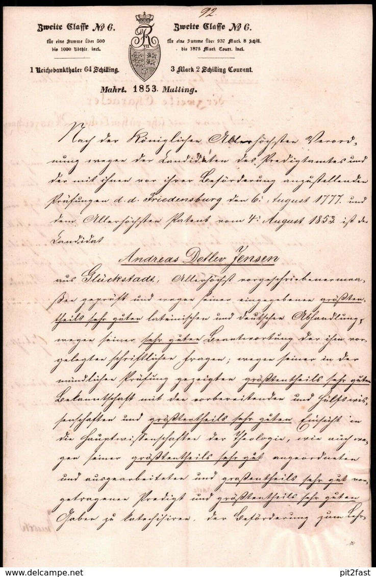 Dokument Adel , Glückstadt 1853 , A.D. Jensen , Friedensburg , Prof. Molbeck !!! - Glueckstadt