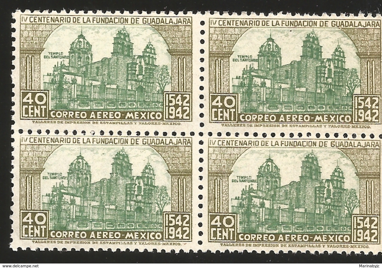 J) 1942 MEXICO, BLOCK OF 4, OUR LADY OF GUADALUPE CHURCH, SCOTT C121, MNH - México