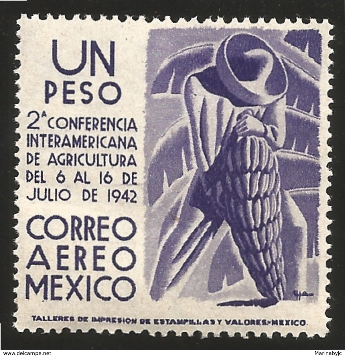 J) 1942 MEXICO, SECOND INTER-AMERICAN CONFERENCE OF AGRICULTURE FROM JULY 6 TO 16, 1942, BANANAS, 1 PESO PURPLE, MNH - Messico