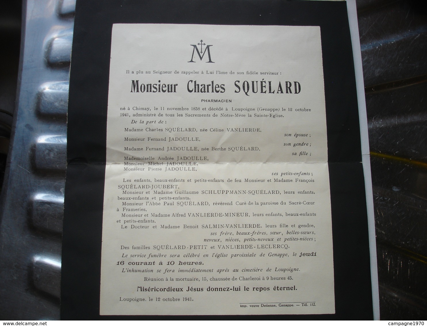 LOUPOIGNE ( GENAPPE ) - ANCIEN FAIRE PART DE DECES - PHARMACIEN SQUELARD 1941 ( NE A CHIMAY ) - Obituary Notices