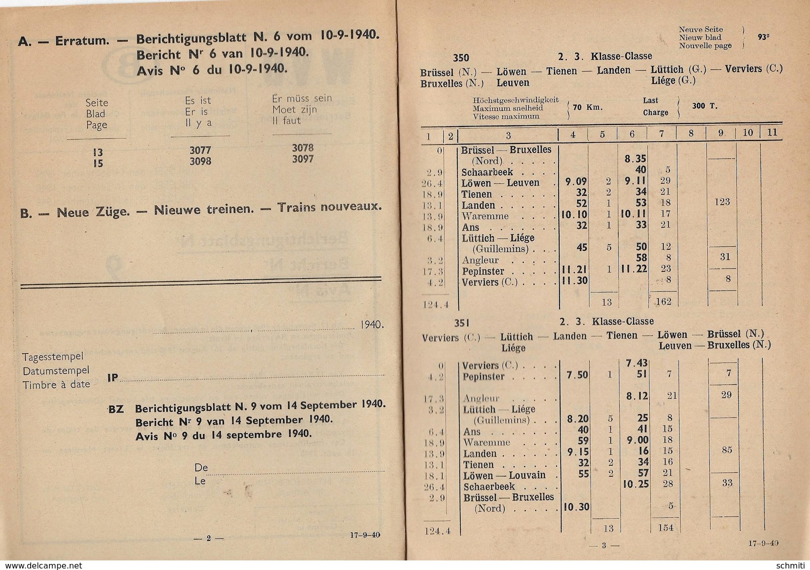 -Document officiel SNCB-Avis N°8 du:13/ 09/1940(90pages)  + N°9 du 14/09/1940-Modifications d'horaires + renseignements