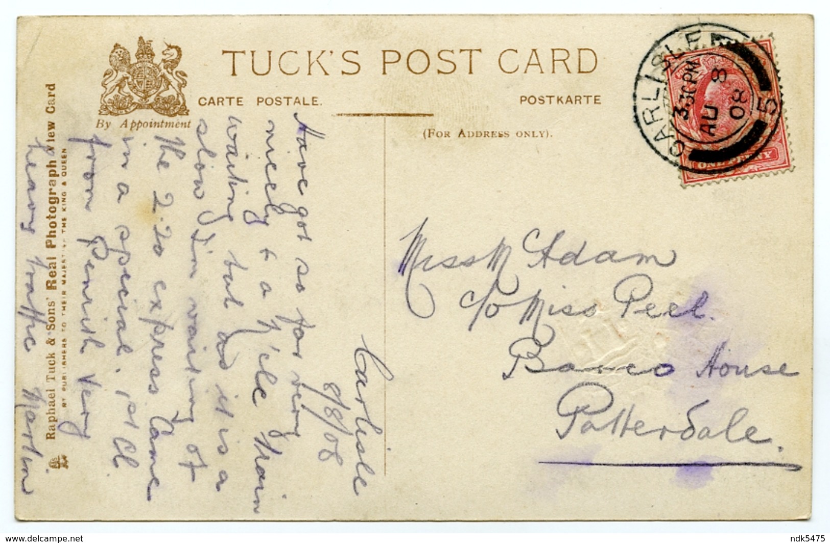 LAKE DISTRICT : CARLISLE (MULTIVIEW) / POSTMARK - CARLISLE / ADDRESS - PATTERDALE, BARCO HOUSE, 1908 (TUCKS) - Carlisle