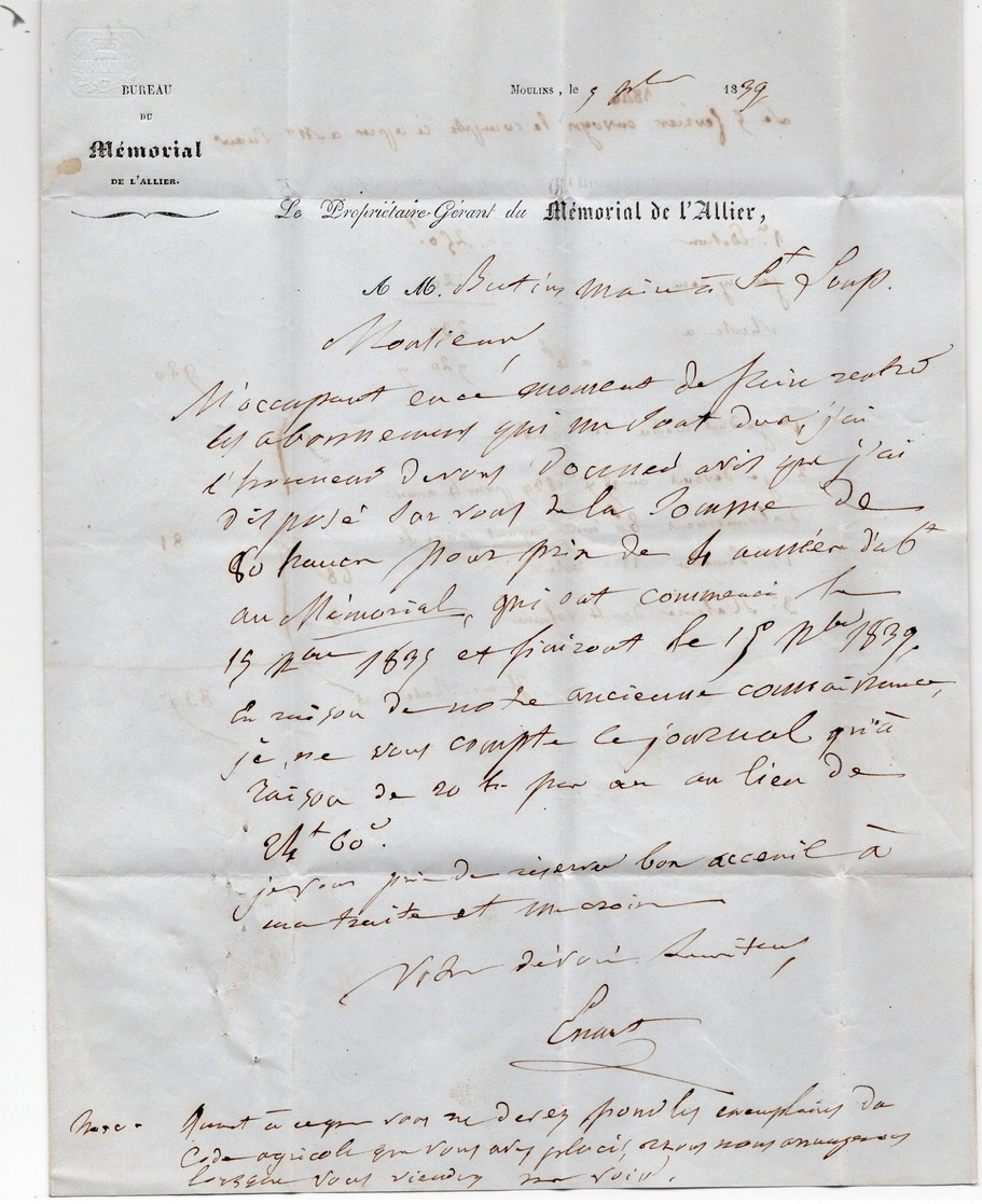 Lettre 1831 - Cachet  MOULINS SUR  ALLIER - Lettre Entête Bureau Du MEMORIAL De L'Allier - 1801-1848: Précurseurs XIX