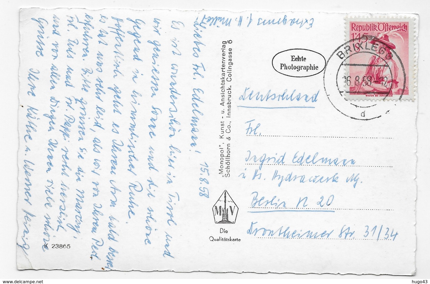 (RECTO / VERSO) BRIXLEGG UNTRINNTAL TIROL EN 1958 - BEAU TIMBRE ET CACHET - MULTIVUES - FORMAT CPA VOYAGEE - Brixlegg