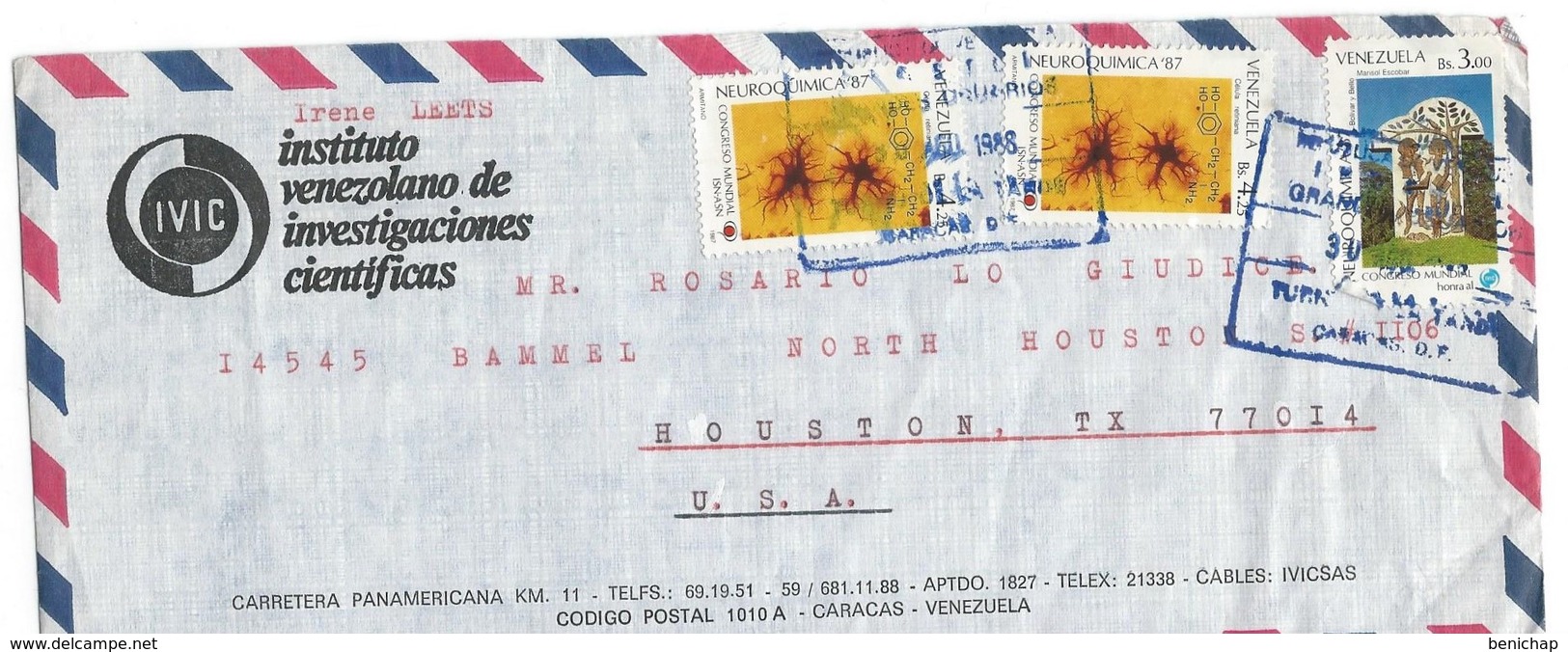 COVER CORREO VENEZUELA - CARACAS -HOUSTON - TEXAS - POR AVION - CERTIFICADO - 1988 - Venezuela