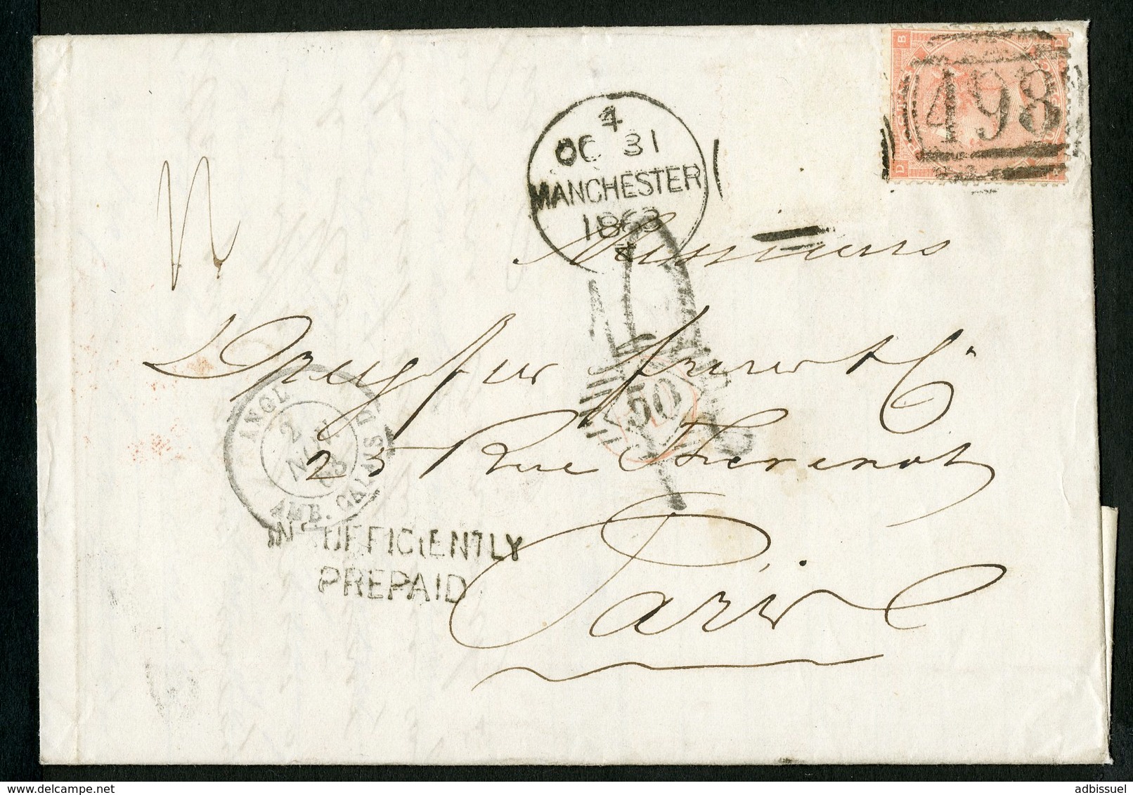 1863 INSUFFICIENT POSTAGE To France With The N° 25 (Y&T) Four Pence Red. Read Detailed Description - Lettres & Documents