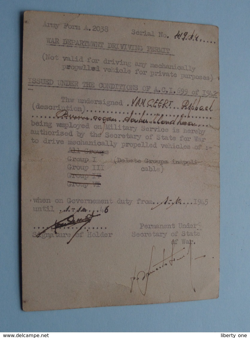Army Form. A.2038 > WAR DEPARTEMENT DRIVING PERMIT > Anno 1945 / 46 ( ID Van Geert / See Photo ) Writing Error ! - Documents