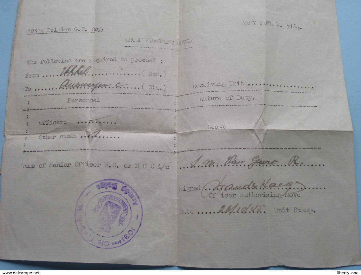 Army Form. W.5164 (1031e Belgian G.T. Coy ) TROOP MOVEMENT ORDER > Anno 1945 ( ID Van Geert / See Photo ) ! - Documents