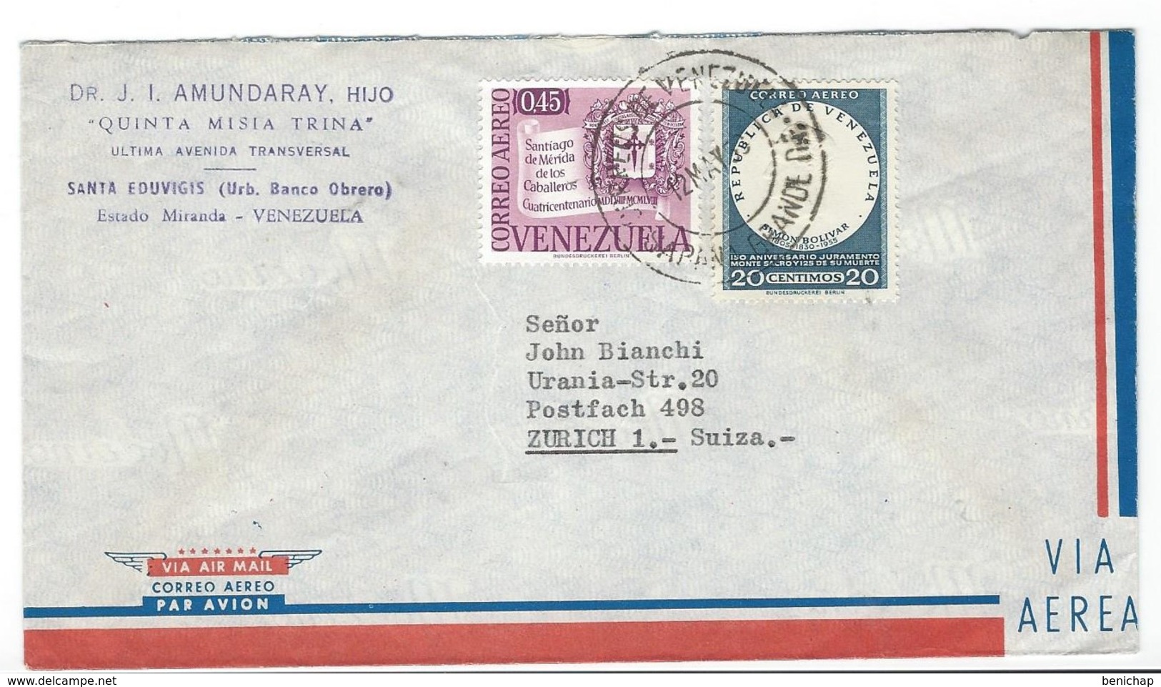 COVER CORREO AEREO VENEZUELA - CARACAS - ZUERICH - SUIZA. - Venezuela