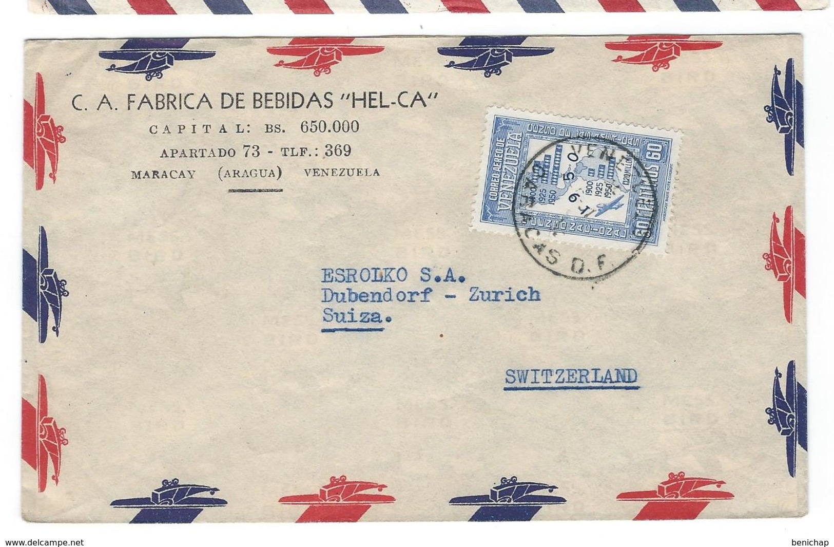 COVER CORREO AEREO VENEZUELA - MARACAY - ZUERICH - SUIZA.- FABRICA DE BEBIDAS. - Venezuela