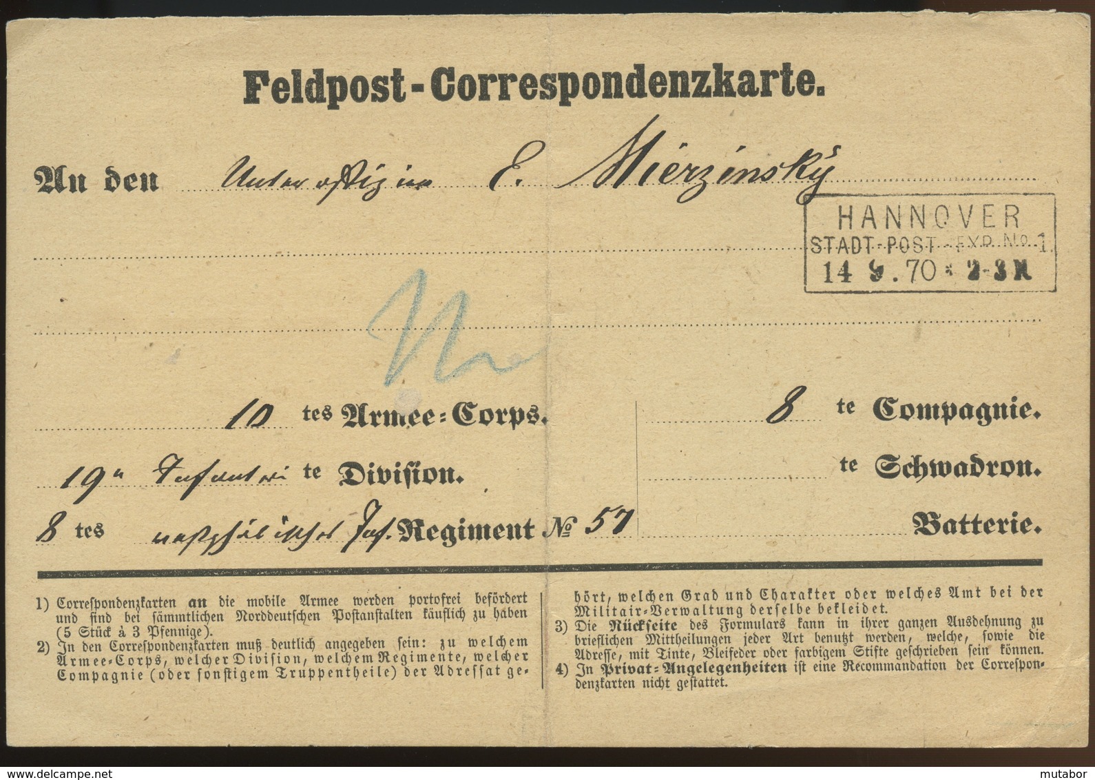 1870 Hannover Feldpost-Korrespondenzkarte An 10tes Armee-Corps - Service