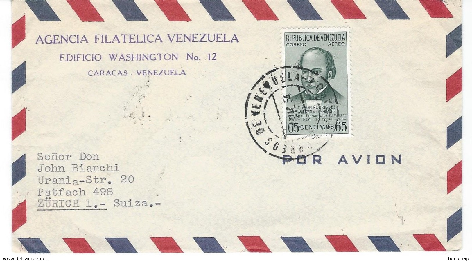 COVER CORREO AEREO VENEZUELA - CARACAS - ZUERICH - SUIZA.- AGENCIA FILATELICA  VENEZUELA. - Venezuela